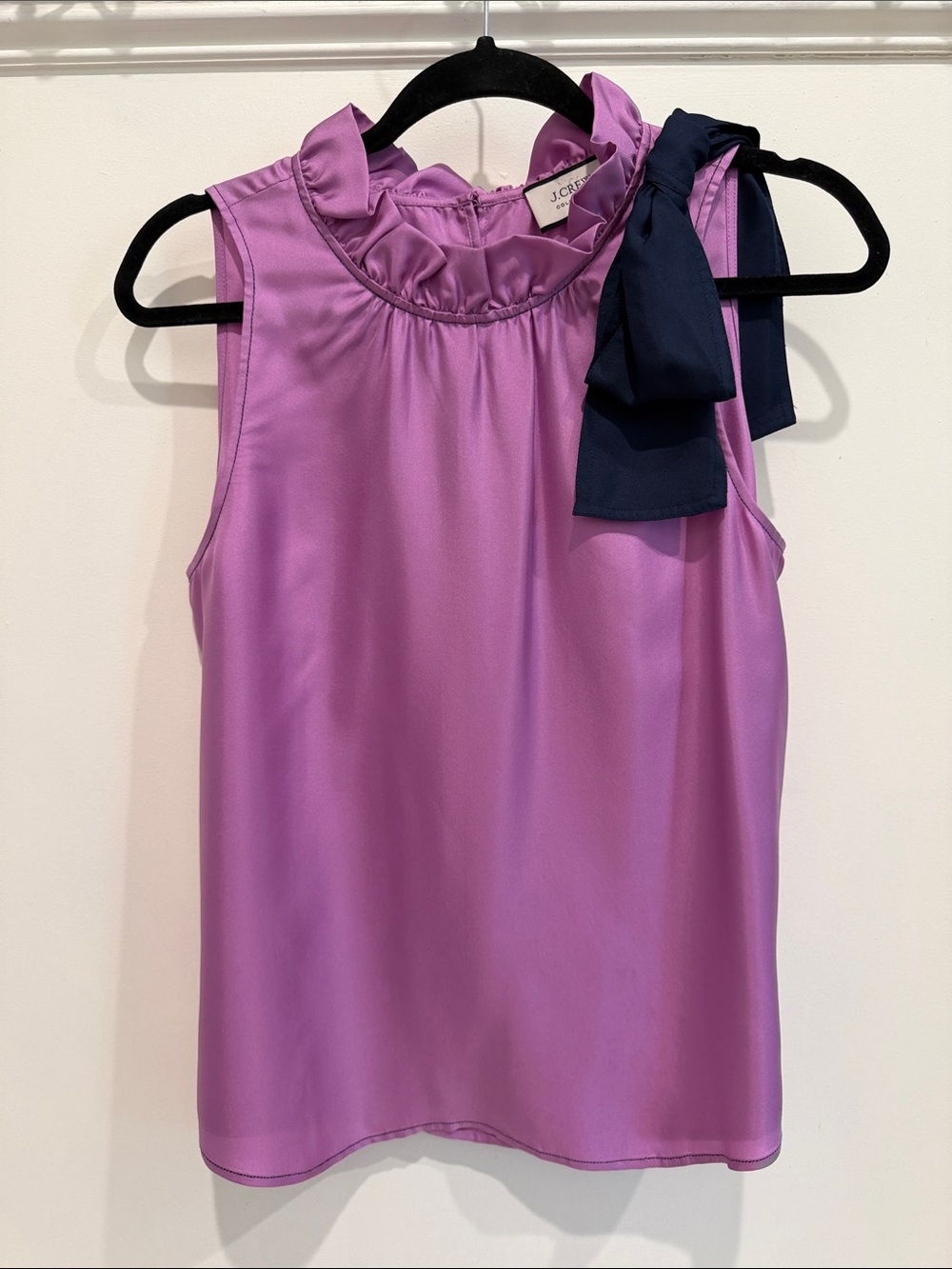 J. Crew Lavender Ruffle-Neck Sleeveless Shell with Navy Bow